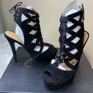 COLIN STUART Black Corset Strappy Suede Heel